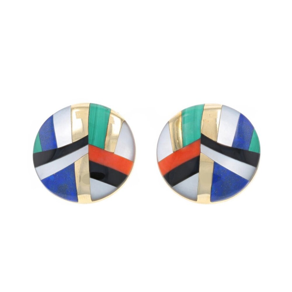 Asch Grossbardt MOP Coral Onyx Malachite Lapis Earrings Yellow Gold 14k Clip-Ons